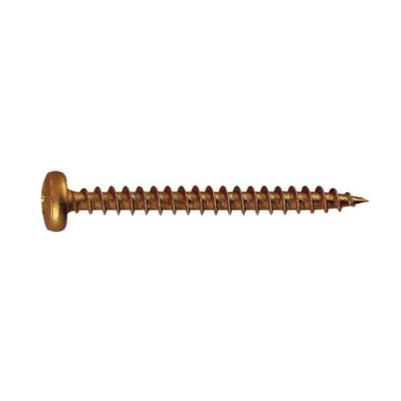 Spanplattenschraube mit Linsenkopf und PZ-Kreuzschlitz. Galvanisch gelb verzinkt.