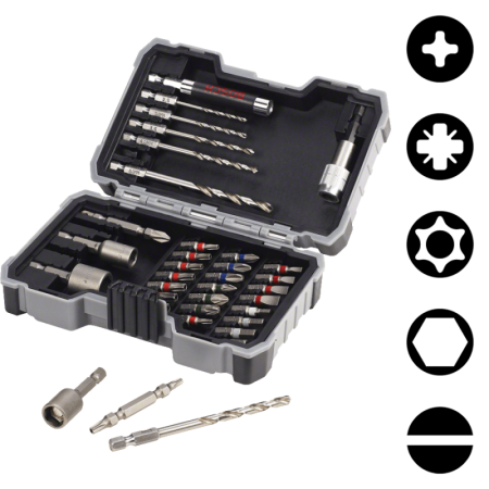 Bosch 35-teilige Sets mit HSS-Metallspiralbohrern und Schrauberbits, Extra Hard